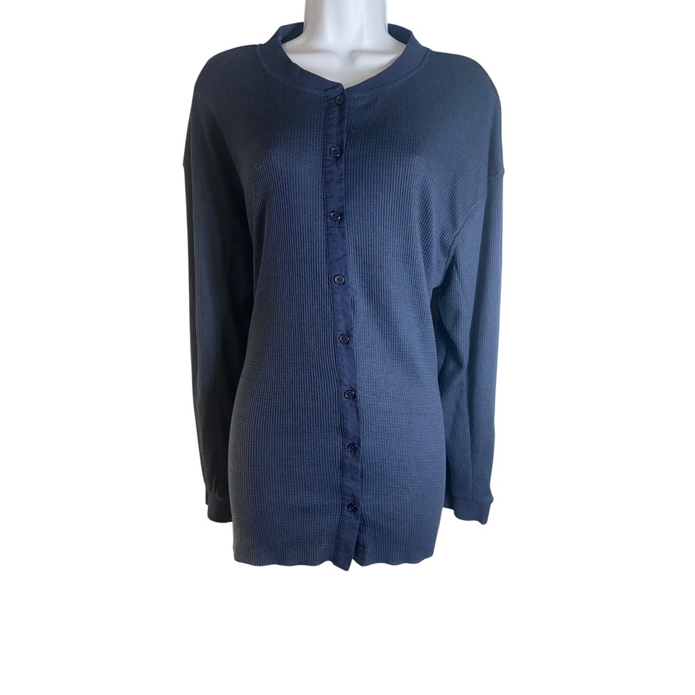 Sohana Women Navy Blue Waffle Knit Henley Button Down Cardigan Sweater Large